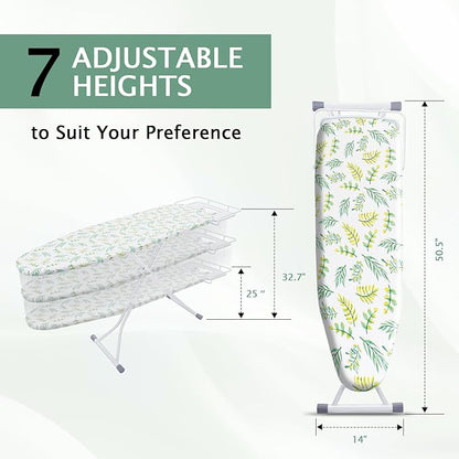 SheeChung Ironing Board 13"x43",Foldable Ironing Boards with Iron Rest,Compact Ironing Board for Small Space,Heat Resistant Cover,7 Adjustable Height,Heavy Duty Sturdy Legs,Yellow Leaf