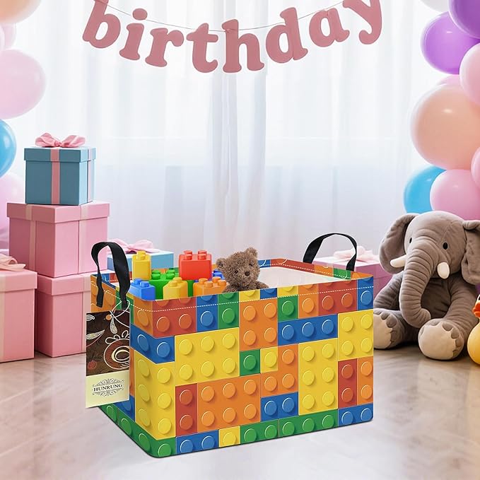 HUNRUNG Rectangle Storage Basket Cute Canvas Organizer Bin for Pet/Children Toys, Books, Clothes Perfect for Rooms(REC-Colorful Blocks)