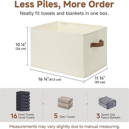 StorageWorks Foldable Storage Bins with PU Handles, Closet Storage Baskets, Fabric Bins for Clothes Storage, Ivory White, 3-Pack, Extra Large