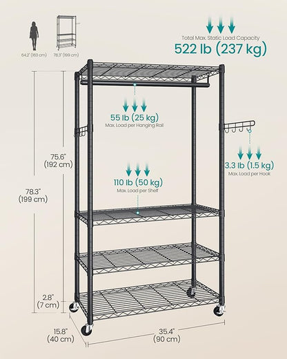 SONGMICS Heavy-Duty Rolling Clothes Rack, Garment Rack, Portable Closet on Wheels, with Adjustable Mesh Shelves and Hanging Rails, Hooks, 15.8 x 35.4 x 78.3 Inches, Ink Black ULGR418BH01