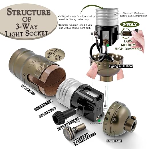 Lamp Rewire Kit,Make a Lamp or Repair Kit,3-Way Lamp Socket with Matching Cord Lamp Harp Set,Lamp Wiring Kit for Table Floor Lamp,Essential Hardware for DIY Lamp Design or Repair (Antique Brass, 1)
