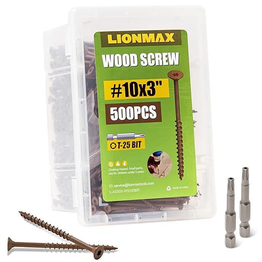 LIONMAX Wood Screws 3 Inch, Deck Screws #10 x 3, 500 PCS, Rust Resistant, Epoxy Coated, Exterior Wood Screw, Outdoor Decking Screws, Torx/Star Drive Head, T25 Star Bit Included, Brown