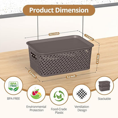Plastic Storage Bins with Lid, Stackable Small Box Basket for Organizing and Containers for Shelves Drawers Desktop Closet Playroom Pantry Classroom Office Home, 6-pack 10.2x7.2x4.1 Inch, Brown
