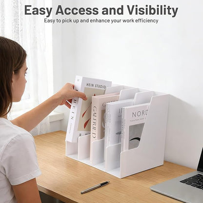 Vertical Magazine File Holder, Desk Organizer and Storage for Magazines, Binders, Notebooks, Envelopes, Multi-Purpose Desktop File Organizer for Home, Office & Classroom, 4 Pack, White