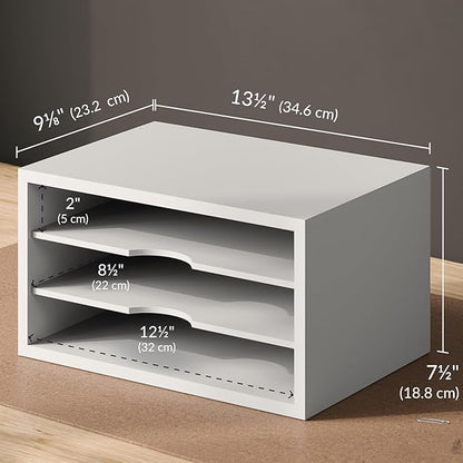 Ballucci File Organizer, 3-Tier Document Paper Sorter, Stackable Wood Desk Organizer, Mail Sorter and Monitor Stand with Storage Shelves, White