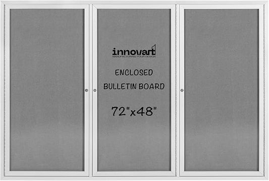 INNOVART Enclosed Bulletin Board 72” x 48”, Lockable Fabric Noticeboard with Aluminum Frame, Wall Display Case with 3 Swing-Open Doors Grey Felt, Information Cabinet for School, Office, Commercial