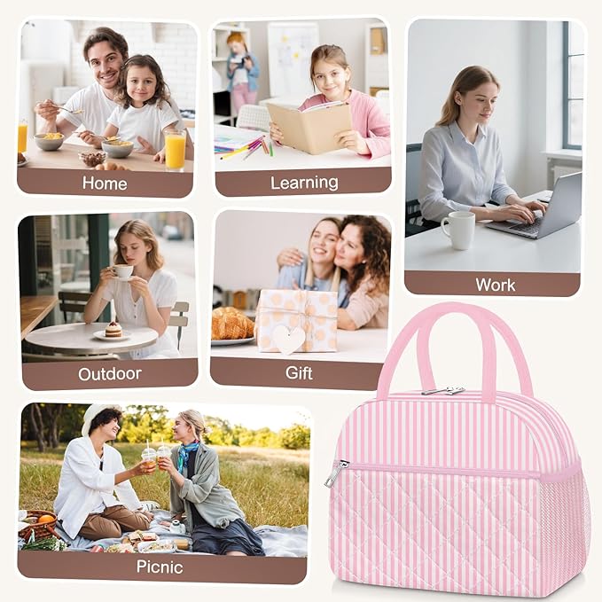 Lunch Box for Women Adult Men, Cute Insulated Lunch Bag Women Quilted Reusable Large Lunch Boxes Tote Bag Leakproof Simple Thermal Cooler Bag for Work Office Picnic