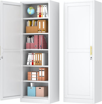 Metal Storage Cabinet with Lock and 5 Adjustable Shelves, Steel File Cabinets, Kitchen Pantry Cabinet Locker Organizer - 67" Tall Storage Cabinets for Kitchen,Bathroom,Bedroom,Office,White