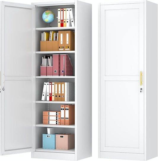 Metal Storage Cabinet with Lock and 5 Adjustable Shelves, Steel File Cabinets, Kitchen Pantry Cabinet Locker Organizer - 67" Tall Storage Cabinets for Kitchen,Bathroom,Bedroom,Office,White