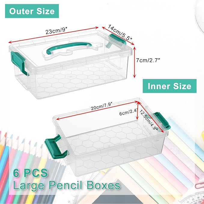 BTSKY 6-Pack Large Stackable Pencil Boxes with Handles, Transparent Pencil Case with Latching Lids & Clasp, Plastic Pencil Box Stationery Organizer Box Ideal for Craft Pen Art Office Supply, Green