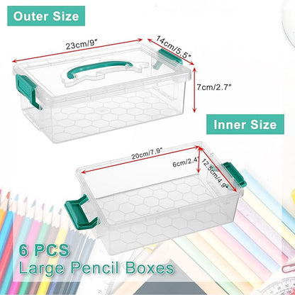 BTSKY 6-Pack Large Stackable Pencil Boxes with Handles, Transparent Pencil Case with Latching Lids & Clasp, Plastic Pencil Box Stationery Organizer Box Ideal for Craft Pen Art Office Supply, Green
