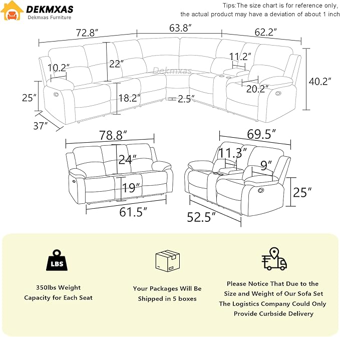 5PCS Brown Reclining Sectional Sofa Set with Storage Console, Living Room Furniture Sets, Corduroy Sectional Sofa Couch and Sofa Loveseat with 5 Recliner Seats, Drop-Down Table, Cup Holders