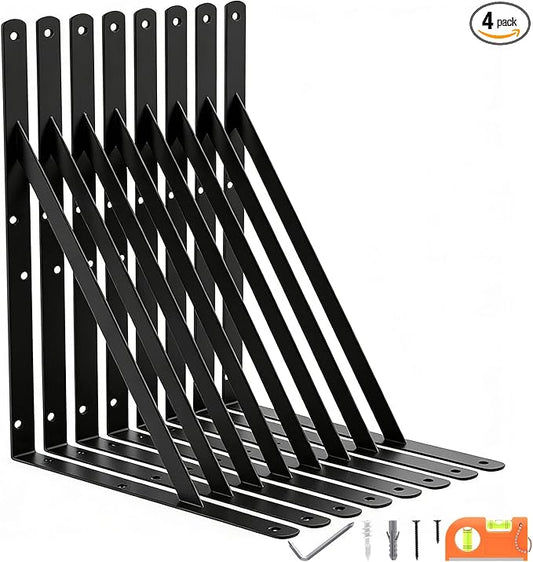 8-Pack 14 Inch Heavy Duty Shelf Brackets, Large Floating Wall Bracket for Garage Storage Shelves, Black Powder-Coated Finish, Load Capacity 800lbs
