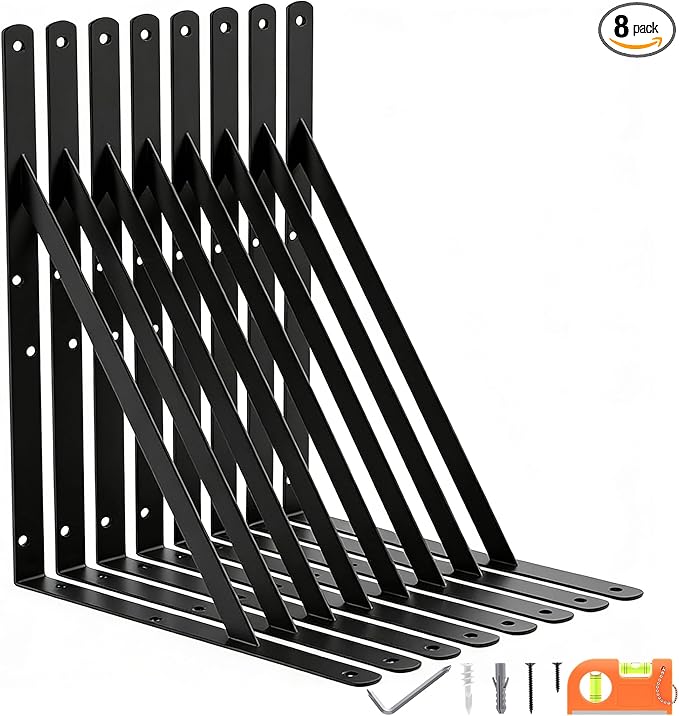 8-Pack 18 Inch Heavy Duty Shelf Brackets, Large Floating Wall Bracket for Garage Storage Shelves, Black Powder-Coated Finish, Load Capacity 800lbs