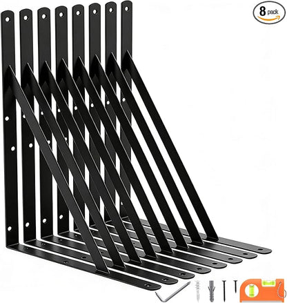 8-Pack 18 Inch Heavy Duty Shelf Brackets, Large Floating Wall Bracket for Garage Storage Shelves, Black Powder-Coated Finish, Load Capacity 800lbs