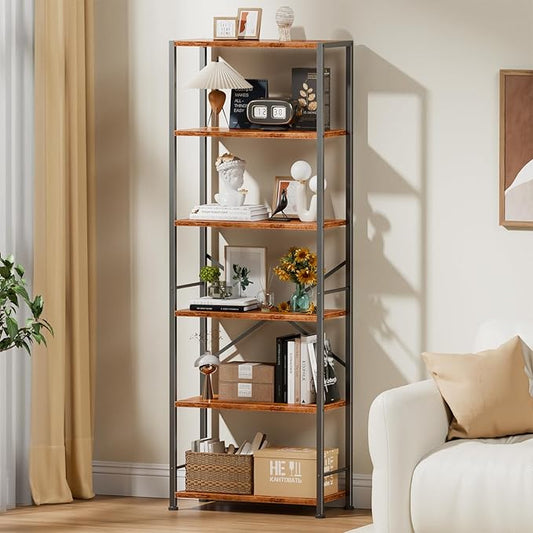 Furologee 6 Tier Book Shelf, Tall Wide Bookshelf, Industrial Open Bookcase, Display Shelves Storage Organizer, Shelving Unit for Living Room, Home Office, Bedroom, Rustic Brown