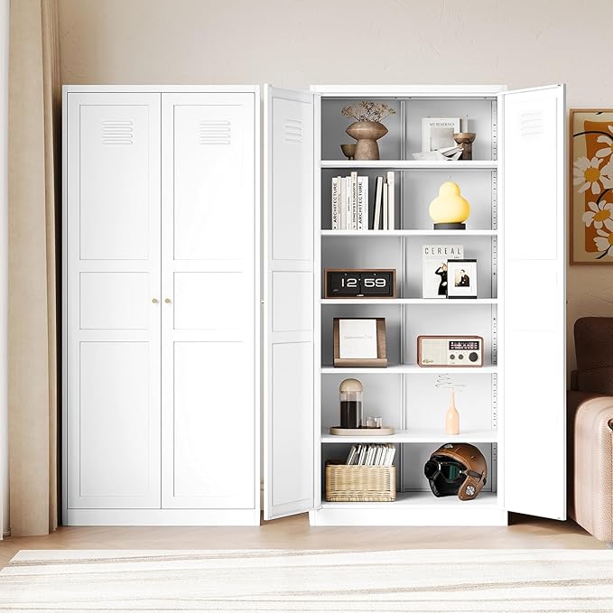 Letaya White Storage Cabinet with Adjustable Shelves-Metal Home Kitchen Pantry Cabinets with Doors,Organization Locker for Cupboard/Bedroom/Dining/Living/Bathroom/Office/Garage Room