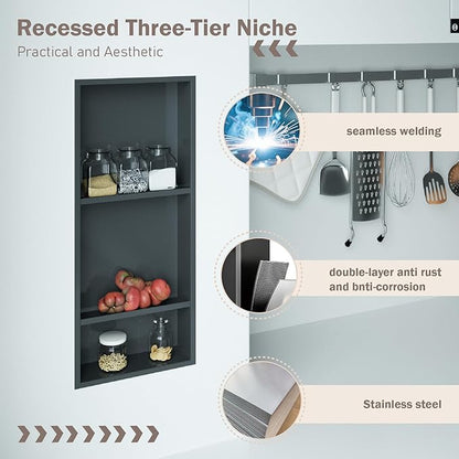 Stainless Steel Niche for Shower Wall，Shower Niche Insert Tile Ready ，Organizer Storage for Room，3-Tier Shelves ，Matte Black (Black，30 * 12 in)