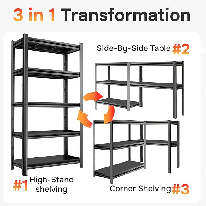 72" H x 39.4" W Metal Storage Shelves, 5-Tier Garage Shelving Unit, Heavy Duty & Adjustable, Easy Assemble Rust-Resistant Utility Rack for Pantry Kitchen, Pantry, Basement, Warehouse