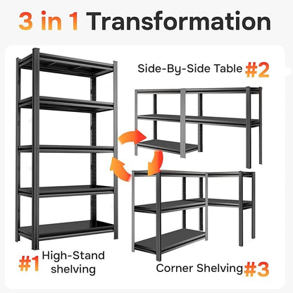 72" H x 39.4" W Metal Storage Shelves, 5-Tier Garage Shelving Unit, Heavy Duty & Adjustable, Easy Assemble Rust-Resistant Utility Rack for Pantry Kitchen, Pantry, Basement, Warehouse