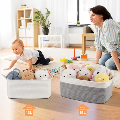 OIAHOMY 19L Woven Basket, Gift Basket Empty with Gift Bags and Ribbons, Rope Baskets for Baby Showers, Storage Baskets with Handles for Nursery, Pet Toy Organizer - Grey & White