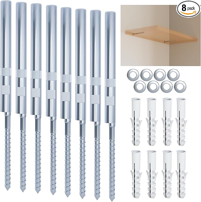 BATODA Floating Shelf Bracket (8 pcs) - Blind Shelf Supports - Silver Hidden Brackets for Floating Wood Shelves – Great Invisible Support for Thin Shelf – Shelving Mounting Hardware Included (Pack 8)