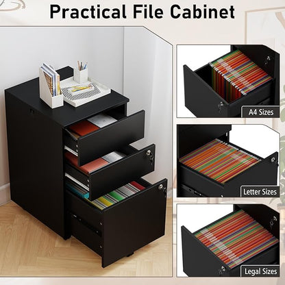 Giantex 3-Drawer File Cabinet with Lock, 27-Inches Storage Cabinet with 2 Side Hooks, Mobile Printer Stand, Wheels, 4 Keys, Vertical Filing Organizer fits Letter/A4 Size for Home Office (Black)
