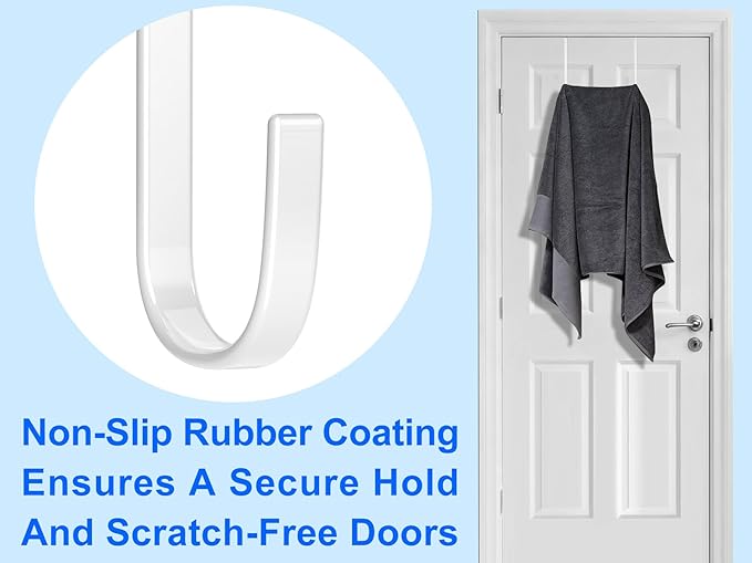 Over The Door Metal Hooks with Plastic Coating 7.5" Fit 0.5" to 1 3/4" Door 4 Pcs Heavy Duty Single Towel Robe Rack Wreath Bathroom Shower Hanger Shoe Organizer Ironing Board Long White