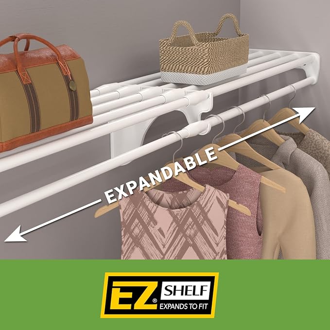 EZ Shelf - White Expandable 65.3” to 120” Closet Rod and Shelf - 200 lbs. Capacity – Quick - Install Closet Shelves for Closets, Laundry Rooms, and Offices – Mounts to Back Wall with 2 End Brackets