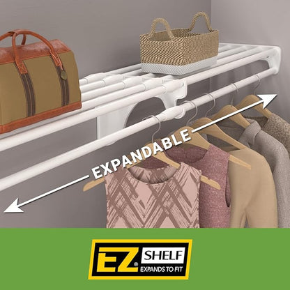 EZ Shelf - White Expandable 65.3” to 120” Closet Rod and Shelf - 200 lbs. Capacity – Quick - Install Closet Shelves for Closets, Laundry Rooms, and Offices – Mounts to Back Wall with 2 End Brackets