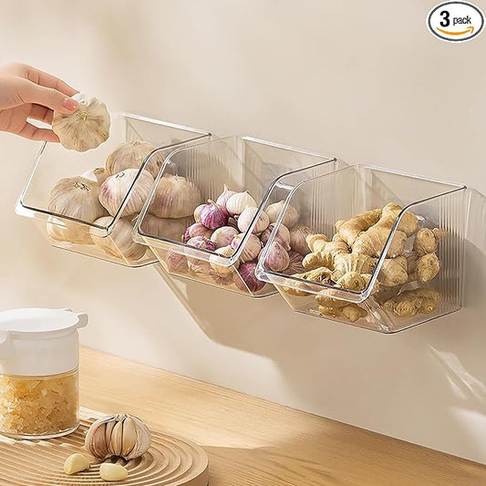 Garlic Keeper Storage Ginger Container, 3-Pack Small Clear Acrylic Bins with Adhesive, No-Drill Wall Mounted or Countertop Baskets for Kitchen, Pantry, Cabinet Organization