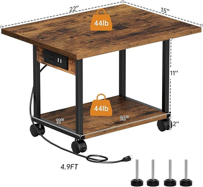 Printer Table, 2-Tier Under Desk Printer Stand with Charging Station, Printer Stand with Wheels, Printer Shelf for Small Spaces, PrinterCart for Home Office Rustic Brown