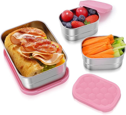 Stainless Steel Lunch Box for Kids | Leak Proof 304 Stainless Steel Snack Containers with Silicone Lids - Perfect Metal Food Containers Set for Kids and Toddlers (25oz+8oz*2)