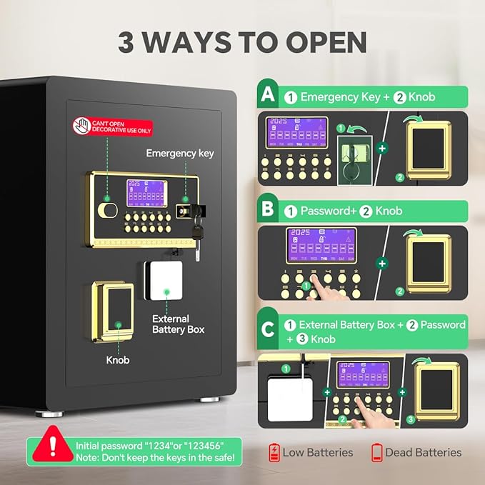Security Safe with Digital Keypad & Alarm System - Electronic Lock Box for Jewelry Cash with Adjustable Shelves - Includes LED Light & Fireproof and Waterproof Bag(0.8/1.0/1.3/1.53/2.5Cuft)