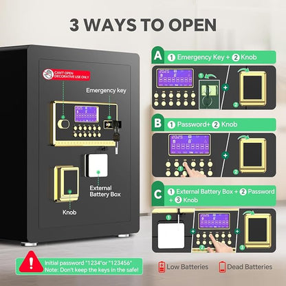 Security Safe with Digital Keypad & Alarm System - Electronic Lock Box for Jewelry Cash with Adjustable Shelves - Includes LED Light & Fireproof and Waterproof Bag(0.8/1.0/1.3/1.53/2.5Cuft)