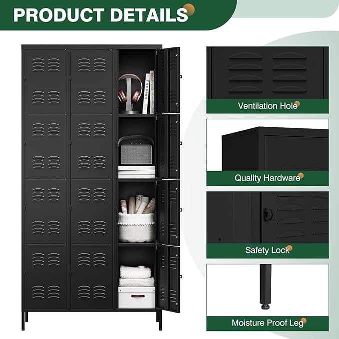 Letaya Metal Lockers for Employees-12 Door Storage Locker with Shelves and Lockable Steel Cabinet for School,Gym,Office,Staff (Black, 12 Door)