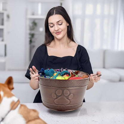 BREKX Metal Indestructible Dog Toy Bin - Storage Bin with Handles, Farmhouse Organizer Storage Basket for Pet Toys, Blankets, Leashes - Home Decor (Lead-Free Copper)
