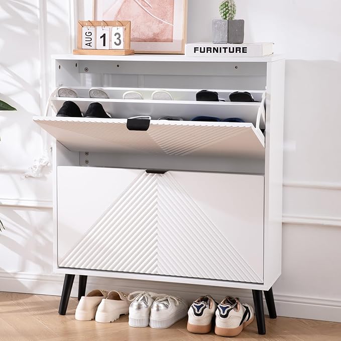 Shoe Cabinet Storage, Farmhouse Freestanding Organizer with 2 Flip Drawers and 4 Wooden feet, Narrow Shoe Rack Cabinet for Entryway, Foyer, Hallway, White