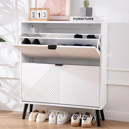 Shoe Cabinet Storage, Farmhouse Freestanding Organizer with 2 Flip Drawers and 4 Wooden feet, Narrow Shoe Rack Cabinet for Entryway, Foyer, Hallway, White