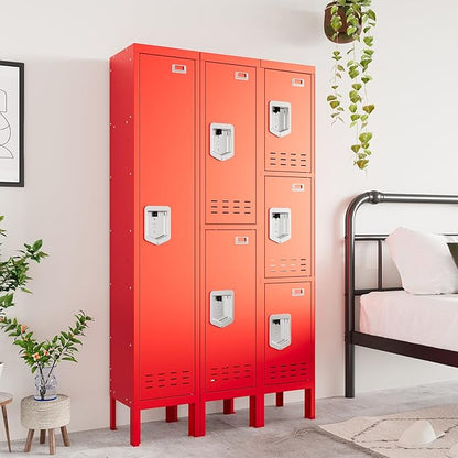 Metal Storage Locker with Lock & Card Slot Locker - Secure Lockable Door - Steel Locker for School, Office, Gym, Home - 66.15" H x 11.8" W x 11.8" D（3 Door, Red）