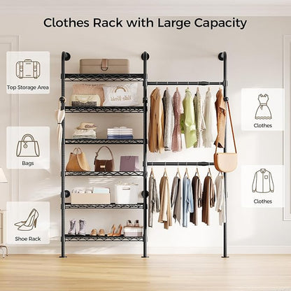 Closet Organizers and Storage, 2-Row Heavy Duty Garment Rack Clothes Rack for Hanging Clothes, Wall Mounted Closet System with 2 Telescopic Rods, 3 Hooks, 6 Shelves for Wardrobe, Bedroom, Small Space