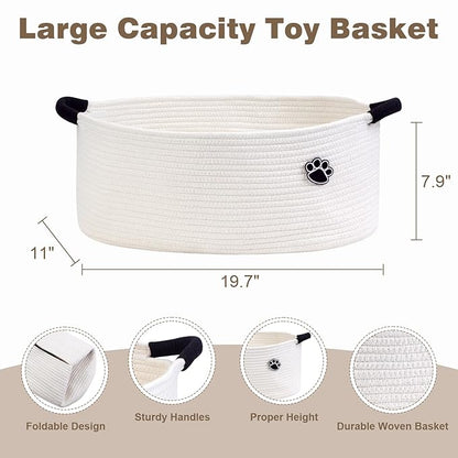 Dog Toy Basket, Toy Box and Bin for Dog Cat Storage, 19.7" X 11" X 7.9" (30L) Large Woven Basket for Blanket Storage, Rope Baskets for Living Room, Bedroom, White