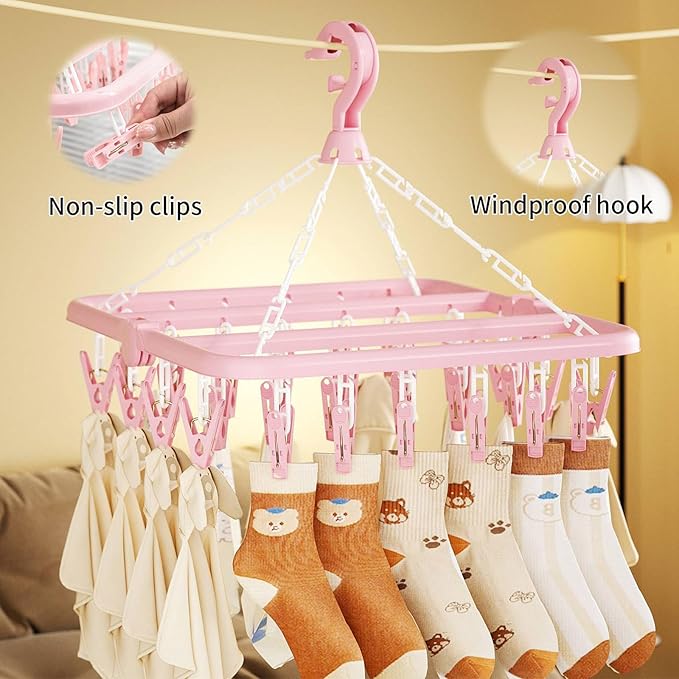 Clothes Drying Rack with 32 Clips, Foldable Hanging Rack, 360° Rotatable Hook for Drying Socks Baby Clothes Towels Gloves(Light Pink)