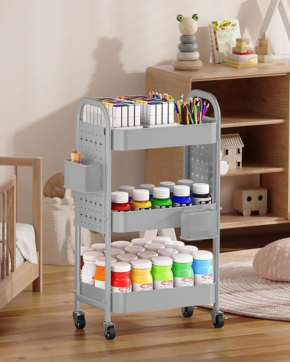ALVOROG 3 Tier Rolling Cart with DIY Pegboards Metal Utility Cart with Wheels Handles Baskets Hooks, Craft Cart for Office Kitchen Bathroom(Light Gray)