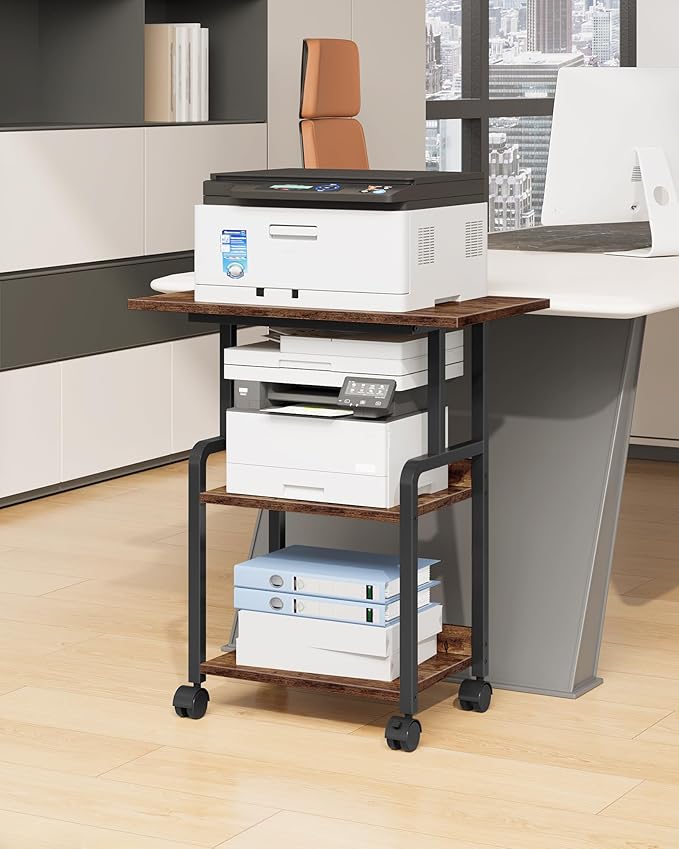 23.6-in Printer Stand with Storage, 3-Tier Printer Table for Home Office, Printer Cart Under Desk Storage, Suitable for Study, Kitchen, Living Room, Rustic Brown and Black TPS02BF