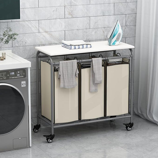 LINZINAR 3 Bag Laundry Basket Sorter Heavy Duty Rolling Lockable Wheels Laundry Hamper Cart with Ironing Board and Removable Bags, Beige