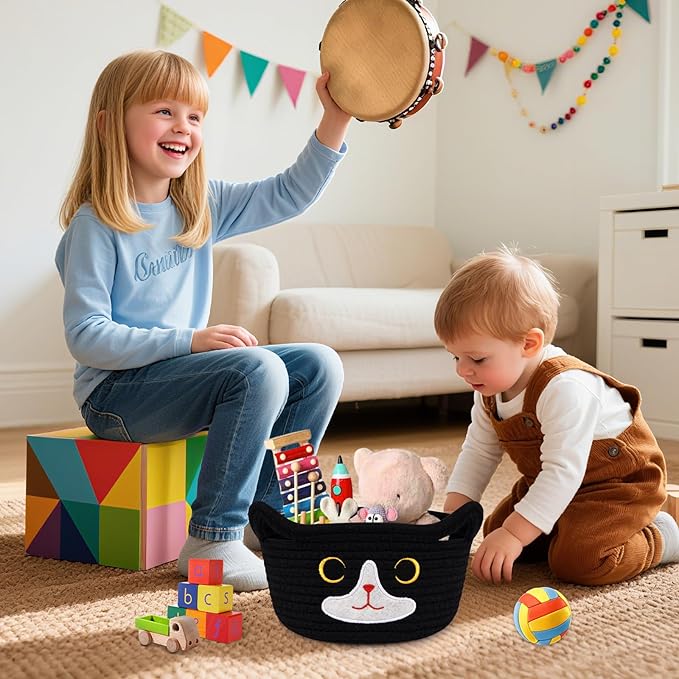 Cat Basket for Nursery, Small Storage Basket, Black Woven Rope Cotton Storage, Baby Blanket Bin with Cat Ears Handles, Animal Blanket Towel Halloween Decor Storage Bins, 8.2" x 4.7" IN
