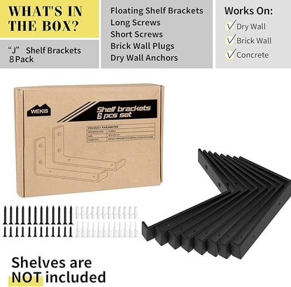 Shelf Bracket, Heavy Duty Floating Shelf Brackets 10-Inch Long, 8-Pack Brackets for Shelves, Black Coated J Shape Metal Wall Shelf Support Brackets with 1/5-Inch Thick and 160 lb. Load Capacity