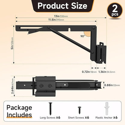 2 Pack E Track Folding Shelf Brackets - 12 Inches Heavy Duty Steel E Track Folding Shelf Bracket with Stainless Pivot,E Track Folding Fixed Shelf Bracket for Truck,Enclosed Trailer,Garage,Workbench