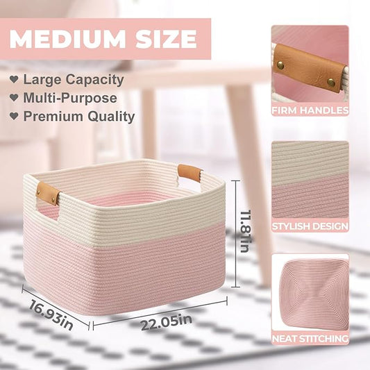 danpinera Woven Rectangle Storage Basket, Large Blanket Basket for Living Room,Kids Room, Storage Bin Box with Handle for Pillows, 22’’*17’’*11.8’’, 72L, White/Pink